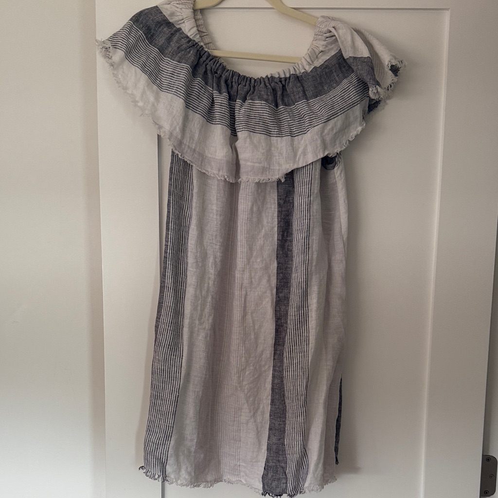 Off-Shoulder Stripe Dress - White & Navy